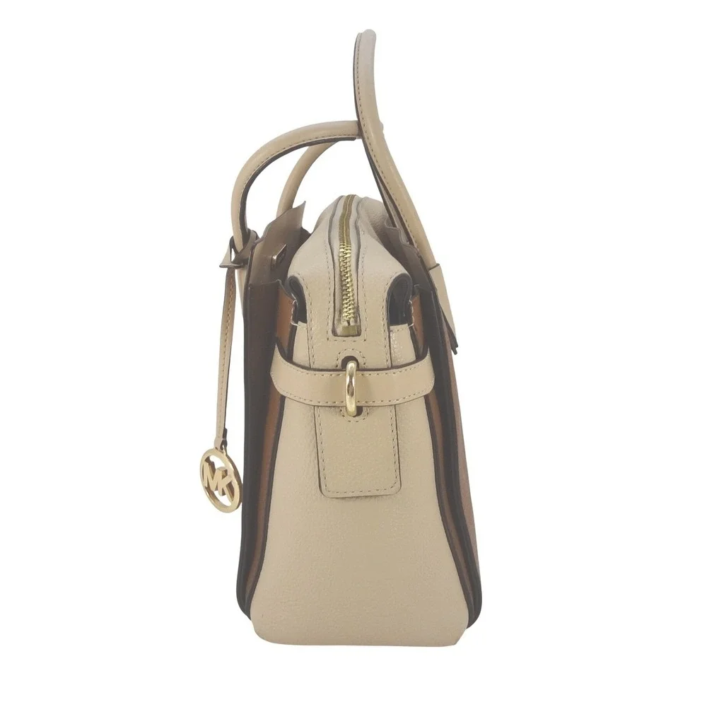 Michael‎ Kors Mercer Medium Colorblock Pebbled Leather Satchel Brown Cream Gold